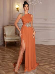 女士优雅正式晚礼服，高开衩设计，饰有3D立体贴花，高端品质，适合派对、婚礼宾客、春季晚宴等场合。 - 橘色 - 查看 3