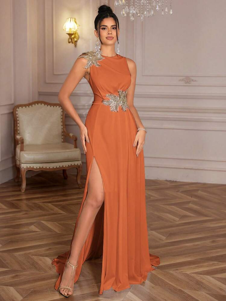 Vestido de noche elegante y formal para mujer con abertura alta y aplicaciones 3D, de alta calidad, vestido de fiesta, vestido de invitada de boda, vestido de noche - Naranja - Añade 3