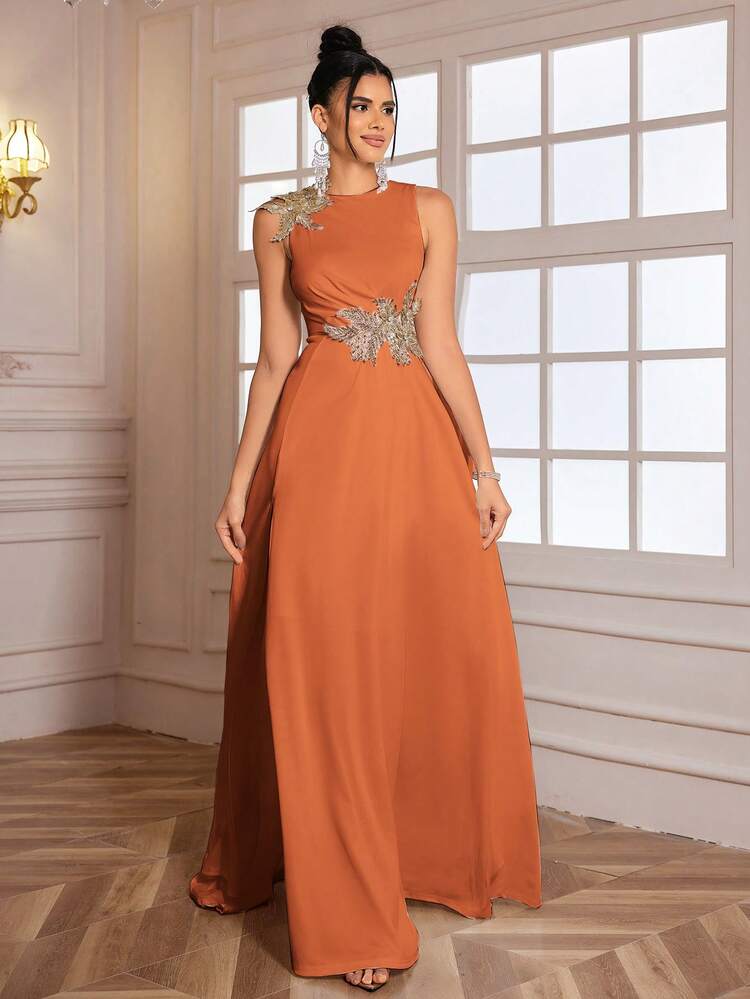 Vestido de noche elegante y formal para mujer con abertura alta y aplicaciones 3D, de alta calidad, vestido de fiesta, vestido de invitada de boda, vestido de noche - Naranja - Añade 5