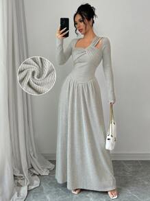 纯色性感时尚不对称领口前扭纹长袖修身腰部 V 形褶皱荷叶边下摆休闲连衣裙、日常、简约、新款女装 - 杏色 - 查看 5