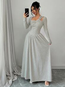 纯色性感时尚不对称领口前扭纹长袖修身腰部 V 形褶皱荷叶边下摆休闲连衣裙、日常、简约、新款女装 - 杏色 - 查看 7