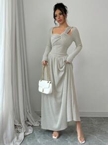 纯色性感时尚不对称领口前扭纹长袖修身腰部 V 形褶皱荷叶边下摆休闲连衣裙、日常、简约、新款女装 - 杏色 - 查看 1