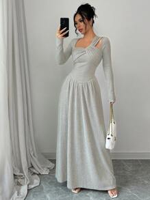 纯色性感时尚不对称领口前扭纹长袖修身腰部 V 形褶皱荷叶边下摆休闲连衣裙、日常、简约、新款女装 - 杏色 - 查看 6