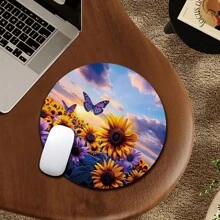 1pc Sunset Beach Butterfly Design Round Mouse Pad, With Anti-Slip Rubber Base Small Portable Travel Mouse Pad, Suitable For Work Wireless Computer Laptop, Office Desk Accessory
