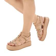 Comfortable Nude Flatform Women's Sandal With Gold Rivets – Style And Comfort - 裸體 - 查看 3