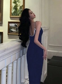 奢华无袖钻石点缀派对礼服，彰显高端女士魅力 - 藏蓝色 - 查看 6