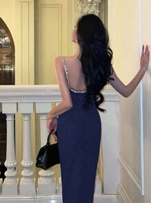 奢华无袖钻石点缀派对礼服，彰显高端女士魅力 - 藏蓝色 - 查看 3