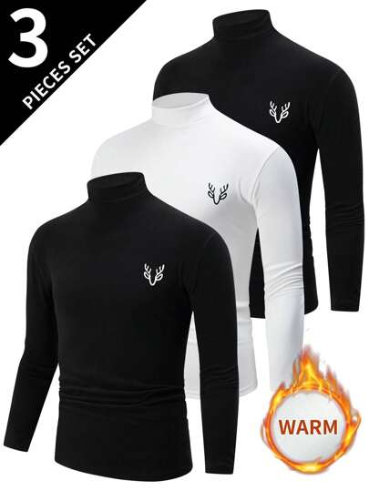 3 Stücke/Pack sortierte Herren Thermo-Unterwäsche Oberteile, Rollkragen Langarm T-Shirts, warme lässige Basisschicht Pullover Sweatshirts für Herbst/Winter