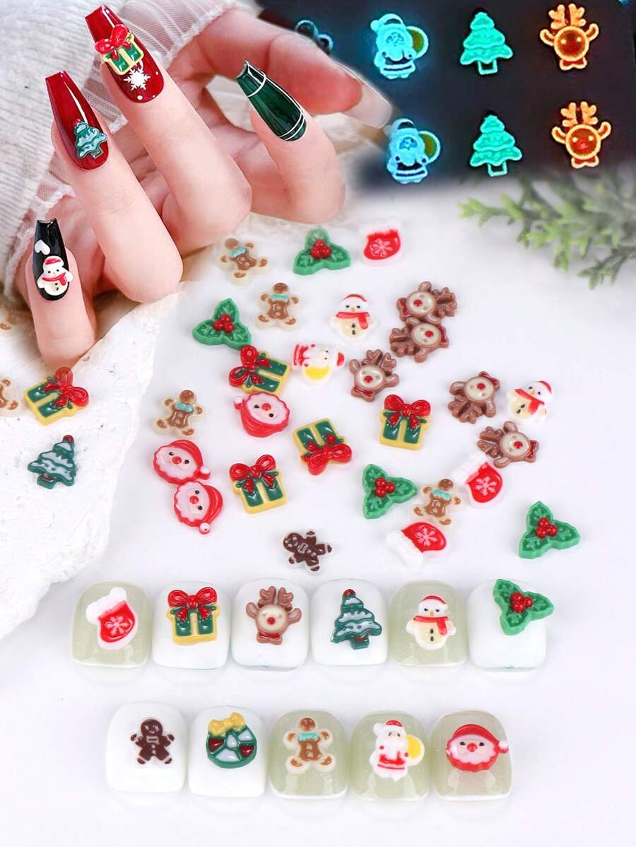 1 件装树脂圣诞美甲装饰，点亮后具有夜光效果，可爱卡通麋鹿圣诞老人松树礼物姜饼人花环雪人图案指甲平背饰物，DIY 3D 圣诞冬季美甲配件工具，美甲用品 - 查看 1