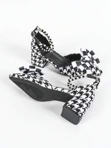 Women's Houndstooth Pointed Toe Pumps With Butterfly & Pearl Decor, Chunky Heel, Versatile High Heels, Suitable For Spring & Autumn - Black and White - View 4