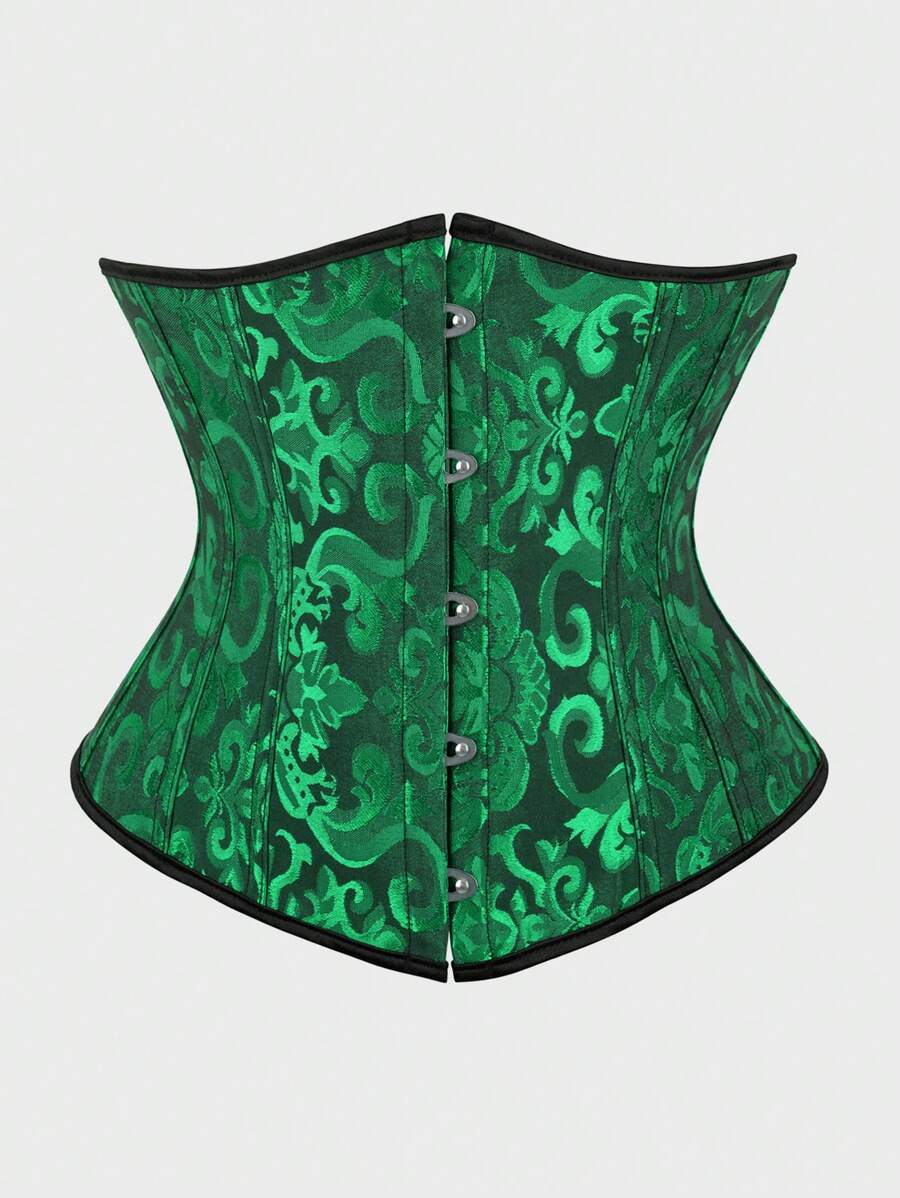 Underbust Corsets For Women,Corset Belt, Women's Floral Jacquard Lace Up Under Boob Corset Slimmer Body Shaper - 黑綠色 - 查看 1