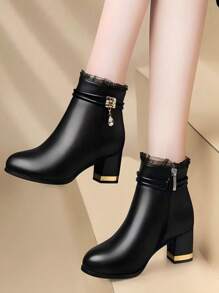 Nuevas botas cortas de puntera redonda para mujer, Otoño/Invierno 2025, Tacón grueso y tacón medio, Suela blanda de gamuza con strass, Botas delgadas versátiles - Negro - Ver 11