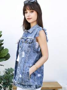 Womens Oversized Distressed Denim Vest Sleeveless Jean Jacket With Pockets