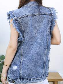 Womens Oversized Distressed Denim Vest Sleeveless Jean Jacket With Pockets