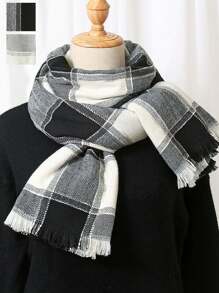 1 件双色格子百搭简约短流苏围巾 - 彩色 - 查看 1