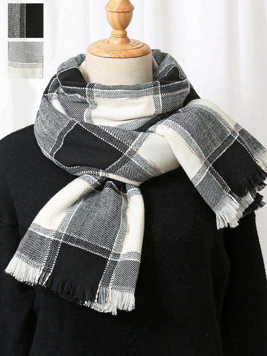 1 件双色格子百搭简约短流苏围巾 - 彩色 - 查看 1