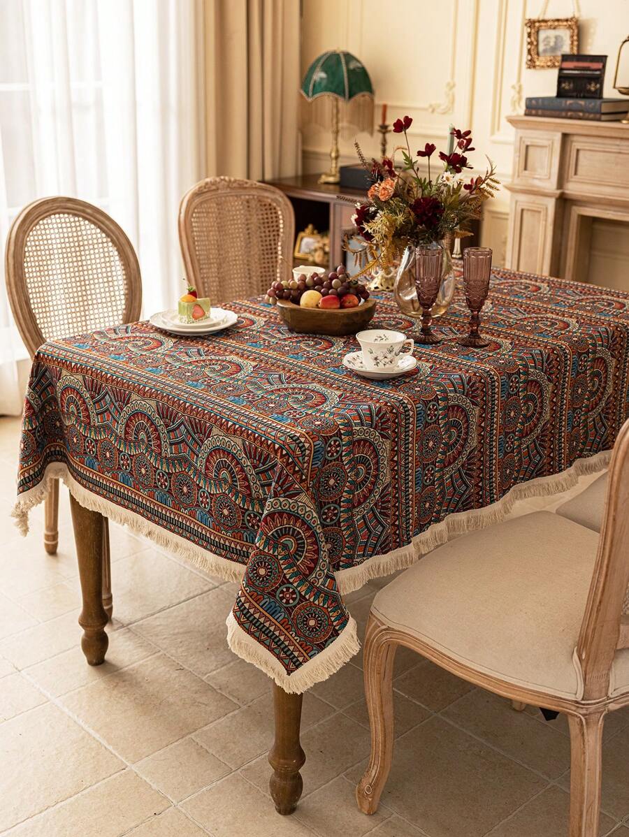 1pc Vintage Geometric Jacquard Tablecloth, Rectangular, Bohemian Style, Washable, Suitable For Home Kitchen, Dining Room, Parties, Picnics, Celebrations, BBQ Outdoor Decor, Spring/Summer, All Seasons - Multicolor - View 1