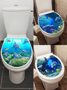 1pc Cartoon Dolphin Self-Adhesive PVC Toilet Lid Sticker Decorated With Sea Creatures, Stickers, Wall Decal, Vinyl Decal For Home Decorations, Spring Decoration Items Refresh Your Home, Festival Decoration Stickers Gifts Birthday Graduation
