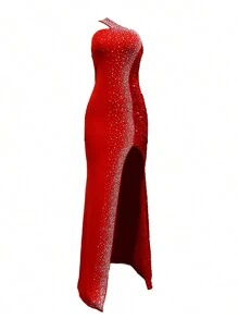 PORRCEY Women Rhinestone And Sequin Birthday Party One Shoulder Backless Sleveless Sexy Club Night Out Dress Crop Top Velvet High Slit Clubwear Valentine's Day Date Nght Irish Holiday Green Holiday Decor St. Patrick's Day St. Paddy's Day Carnival Masquerade Ball  Chinese New Year Wedding, Bachelor Party - 紅色 - 查看 6