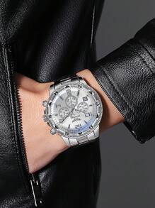 2PCS Men's Silver Stainless Steel Strap Elegant Business Style Quartz Watch Set, Suitable For Party Decoration, Leisure Travel