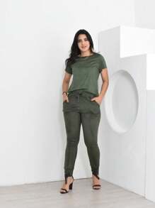 Suede Set Basic Blouse With High Waist Skinny Pants With Pocket - 軍綠色 - 查看 1