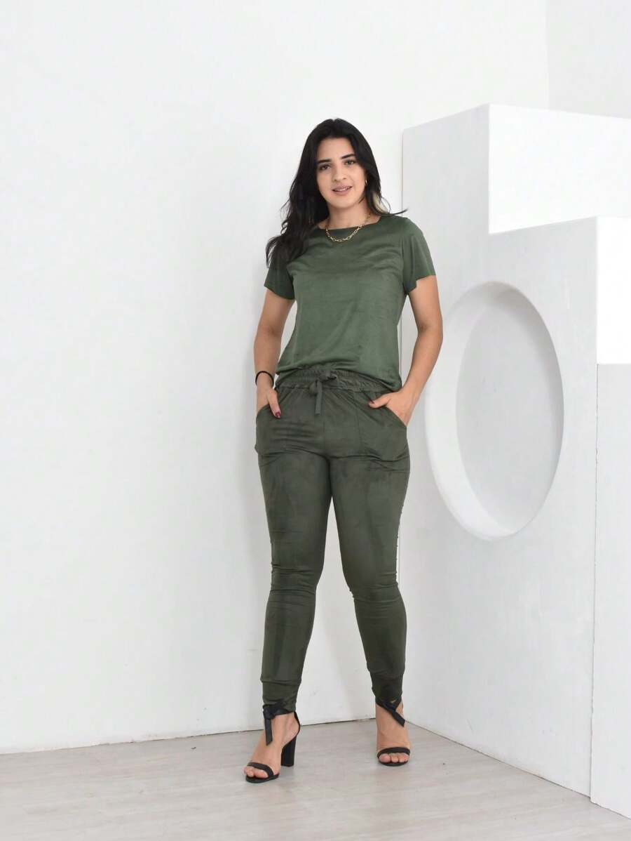 Suede Set Basic Blouse With High Waist Skinny Pants With Pocket - 軍綠色 - 查看 1