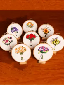 1/2 piezas Kit de bordado hecho a mano estilo europeo, incluye aro de bordado de 6 pulgadas, serie de ramos de flores, set de bordado para principiantes [Marco de bordado como se muestra en la imagen 9] - Multicolor - Ver 3