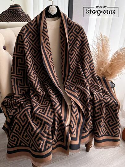 وشاح نسائي بنمط هندسي بسيط، وشاح/شال مُحبوك بتقنية الجاكار دافئ، عصري وشامل للملابس الخريفية والشتوية