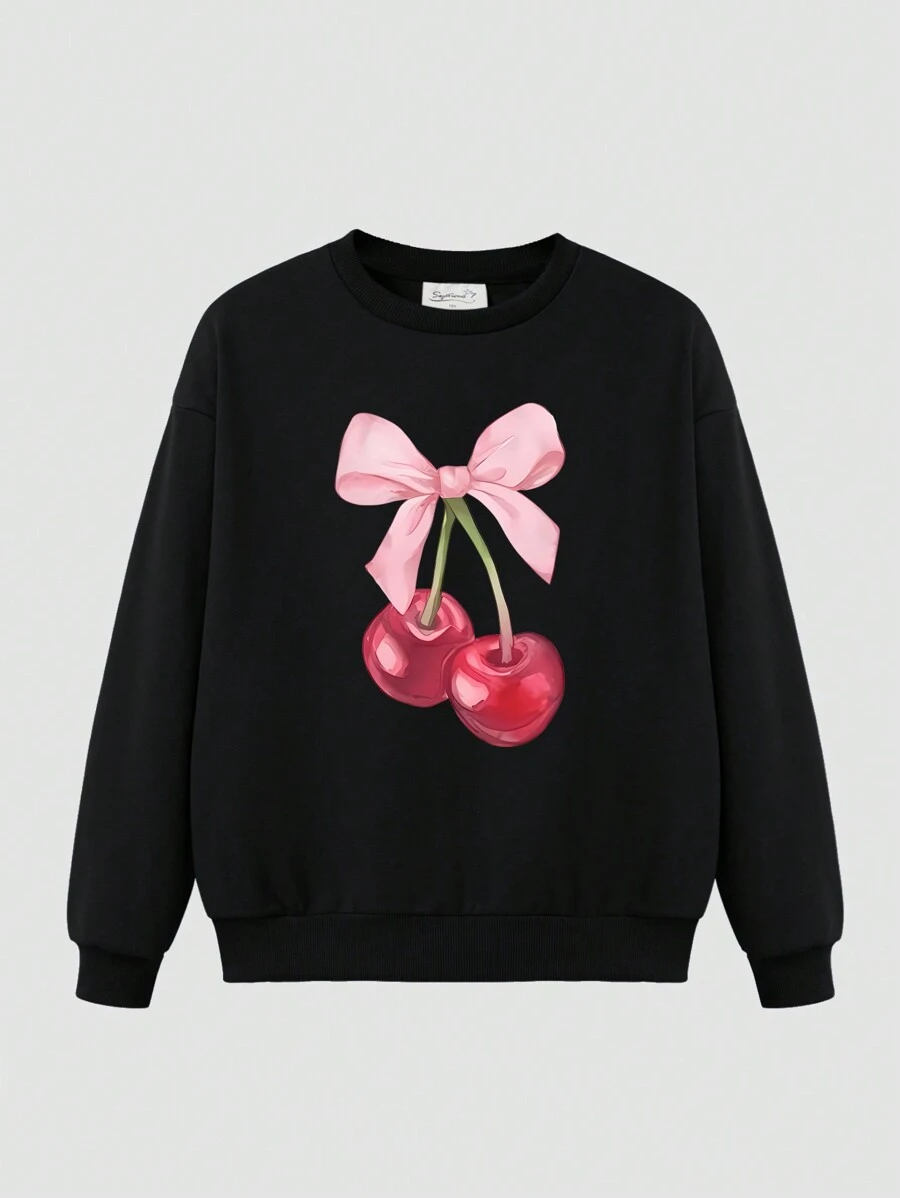 Creative And Casual Personality Interesting Bow Cherry Pattern Printed Top, Girls Autumn And Winter Curve Oversize College Style Letter Bow Soft And Comfortable Round Neck Cute Handsome Versatile Warm Street Long-Sleeved Sweatshirt Comfortable Sweatshirt