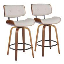 Lombardi 26" Mid-Century Modern Fixed-Height Counter Stool With Swivel In Walnut Wood And Cream Faux Leather With Round Black Metal Footrest By LumiSource - Set Of 2