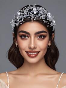 女士水晶包裹手工串珠仿珍珠头带，可爱高冠减压设计 A98 - 黑色 - 查看 3