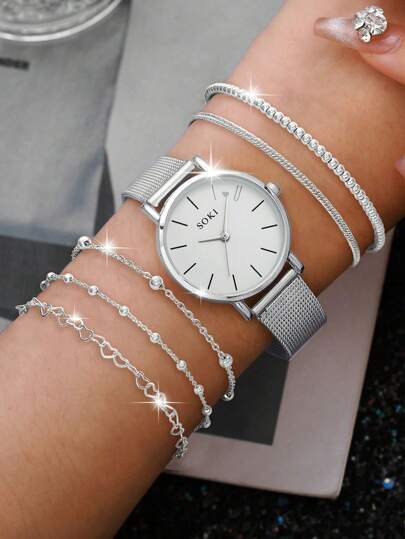 SOKI SOKI 1 Set Women's Watch Fashion Casual Round Dial Quartz Watch And Simple Chain Bracelet Set Perfect For Everyday Wear, Birthday Gifts, Parties, Holiday Gatherings, And As The Ideal Gift For Yourself Or Friends Boxes Not Included