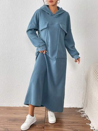 女式秋冬泰迪羊毛休闲连帽连衣裙，带口袋