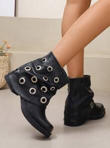 女式不对称扣朋克风格皱筒靴，随机做旧中粗跟方头一脚蹬优雅百搭新时尚踝靴 - 黑色 - 查看 5