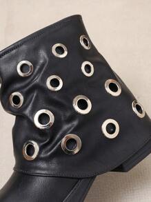 女式不对称扣朋克风格皱筒靴，随机做旧中粗跟方头一脚蹬优雅百搭新时尚踝靴 - 黑色 - 查看 4