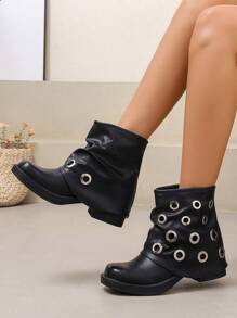 女式不对称扣朋克风格皱筒靴，随机做旧中粗跟方头一脚蹬优雅百搭新时尚踝靴 - 黑色 - 查看 2