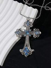 1pc Retro Rhinestone Turquoise Cross Pendant, Large Size Antique Silver Alloy DIY Jewelry Necklace, European & American Style - Diamond Cross Necklace - View 14