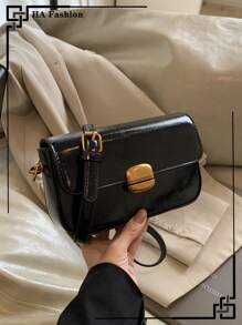 复古单肩包，时尚油皮可调节肩带斜挎包，日常通勤迷你方包 - 黑色 - 查看 8