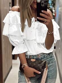 Blusa con hombros descubiertos y volantes, estilo hawaiano bohemio para vacaciones en la playa, unicolor para conciertos en el campo - Blanco - Ver 10