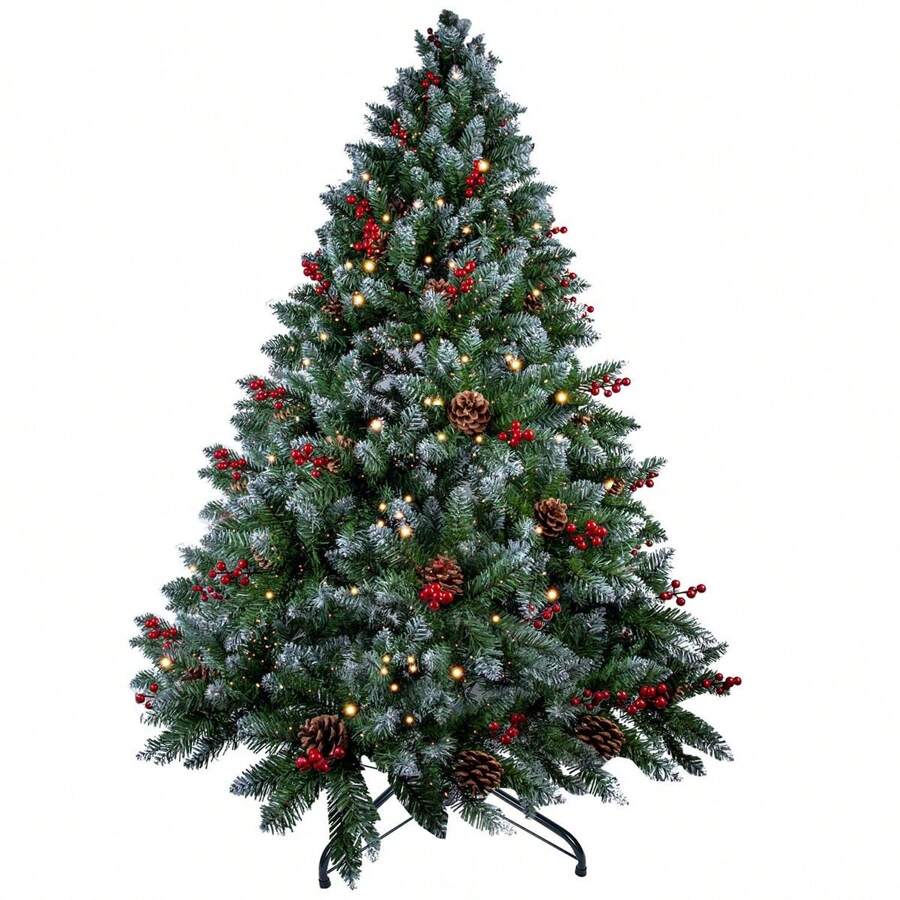 Bushy Christmas Tree With LED Fibre Optic Lights Metal Stand Xmas Decor 5ft-7ft - Green - View 1