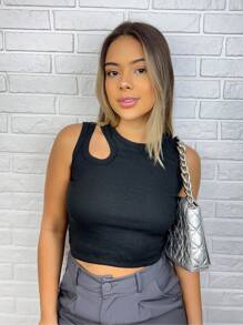 Women's Ribbed Crop Top High Quality Women's Low-Cut Ribbed Blouse - 黑色和米色 - 查看 3