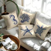 1 件/4 件 17.7*17.7 英寸 (45*45 厘米) 海底世界蓝墨海洋动物（海马、海星、珊瑚、海龟）印花枕套（单面印花），家居装饰抱枕套，适用于卧室、沙发、汽车，适合日常或家居奢华简约使用 - 彩色 - 查看 9