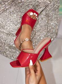 女士透明高跟穆勒拖鞋凉鞋，方头圣诞红高跟凉鞋，不对称鞋跟，PU 材质，夏季新款女式凉鞋，适合海滩派对 - 紅色 - 查看 2