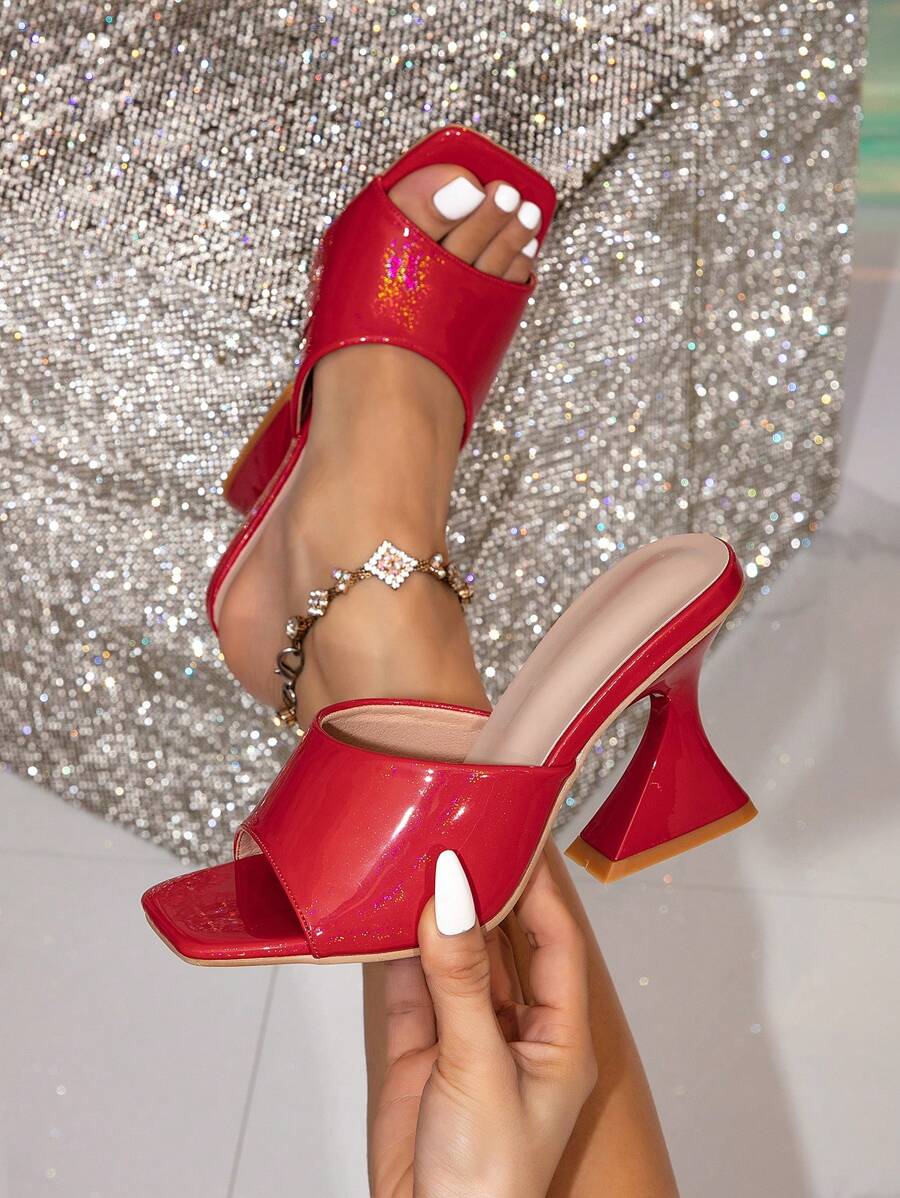 女士透明高跟穆勒拖鞋凉鞋，方头圣诞红高跟凉鞋，不对称鞋跟，PU 材质，夏季新款女式凉鞋，适合海滩派对