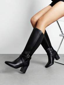 Women's  Chunky Heel Knee-High Boots Block Heel Pull On Side Zipper Comfortable Fashionable Buckle Riding Boots - 黑色 - 查看 3