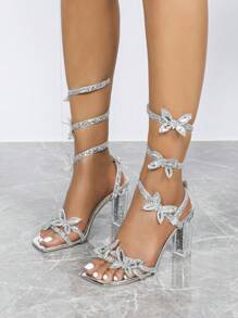 Spring/Summer Women's Crystal High Heel Sandals With Rhinestone And Butterfly Wrap-Around Design, Open Toe, Shiny Crystal High Heels Suitable For Wedding, Banquet And Other Occasions - Silver - View 4