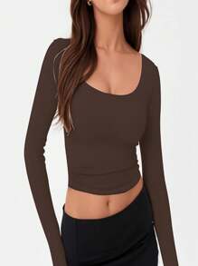 OUTBALL Women's Sexy Square Neck Crop Top Long Sleeve Slim Fit Cropped T Shirts - 咖啡豆 - 查看 3