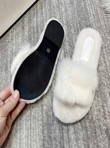 Women's Non-Slip Fluffy Bunny Fur Strap Slides Slippers For House, Outdoor Wear, Fashionable, Flat, Suitable For Spring & Autumn 2024 New Arrival - Beige - View 3