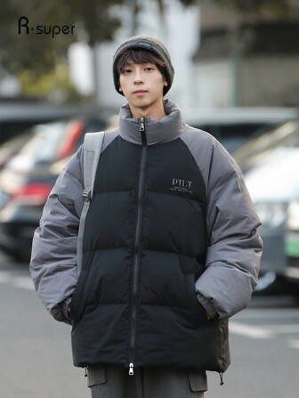 R.Super Retro Letter Print Patchwork Stand Collar Bread Serverflight Jacket, Warm Padded Unisex Winter Coat