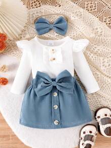 2pcs Baby Girl Solid Color Buttoned Cap Sleeve Onesie & Bowknot Decor Skirt Set With Hair Scrunchie